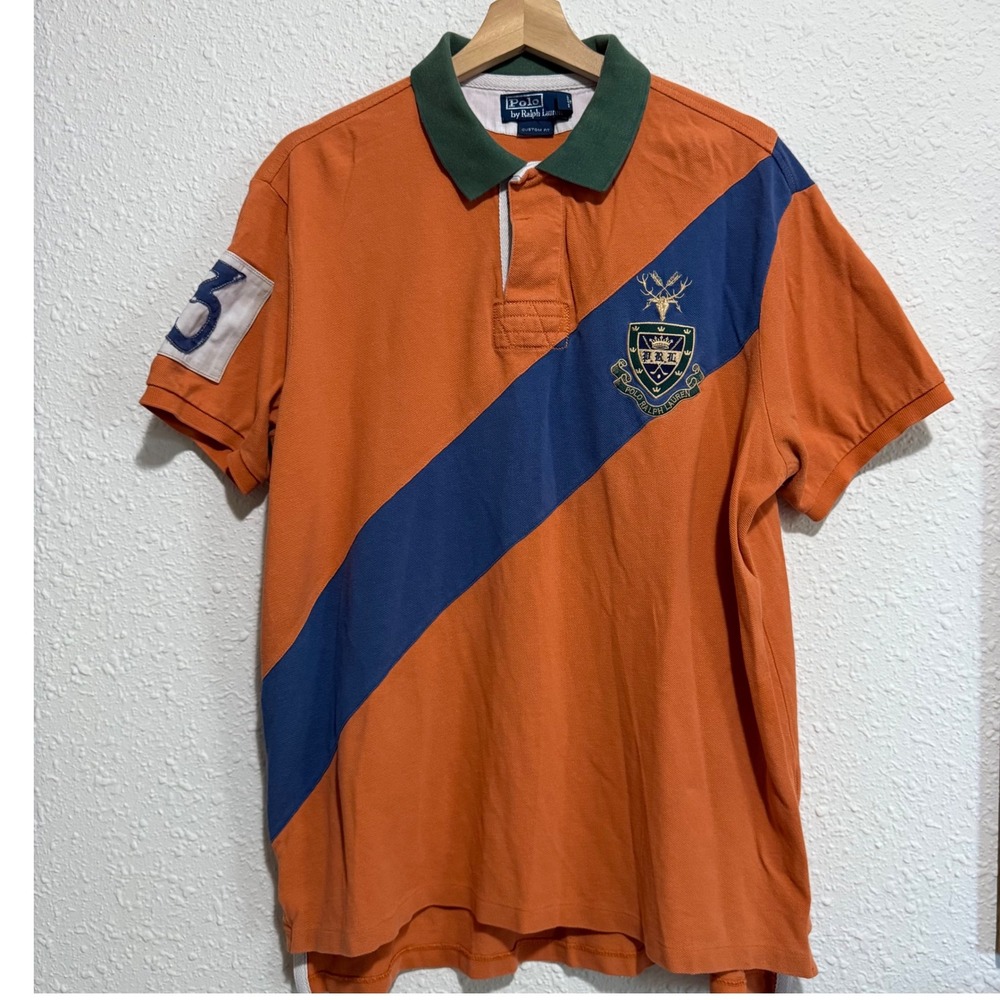 Vtg Polo Ralph Lauren men's XL Customfit Crest Rugby Shirt Orange Blue Preppy